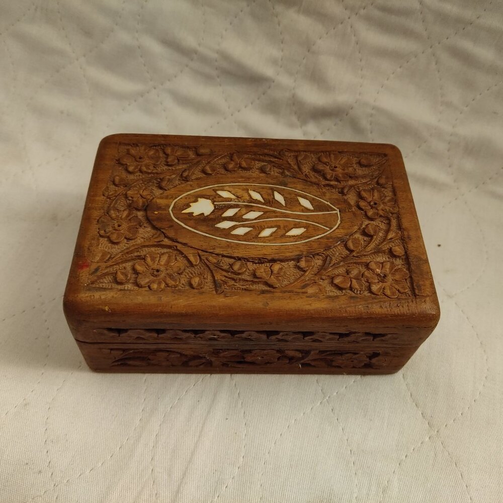 Inlaid Wood Carved Ornate Hinged Lid Vintage Bohemian Trinket Jewelry Box